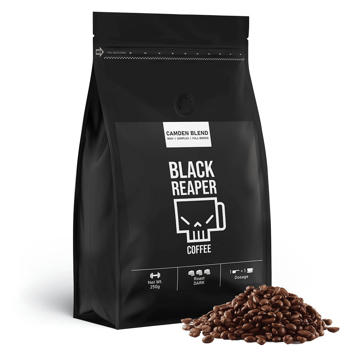 Strong black coffee camden blend whole beans